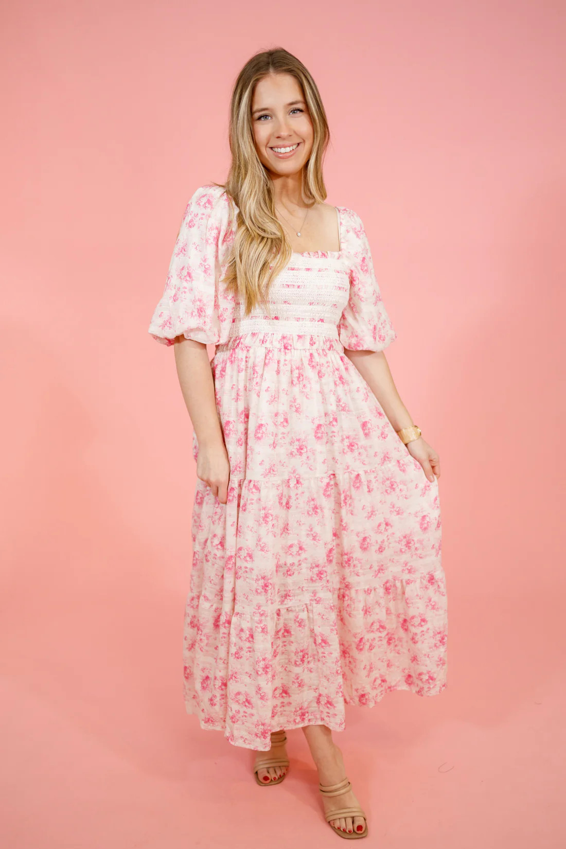 Pink and Ivory Floral Smock Dress | Jaxe + Grace Boutique