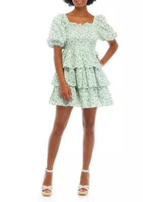 ENGLISH FACTORY Women's Crinkled Floral Print Smocked Tiered Mini Dress | Belk