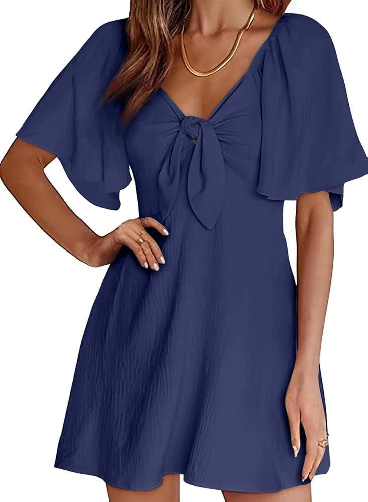 Dokotoo Womens Dresses 2024 Spring Summer Deep V Neck Elegant Bow tie Mini Dress S-XL | Amazon (US)