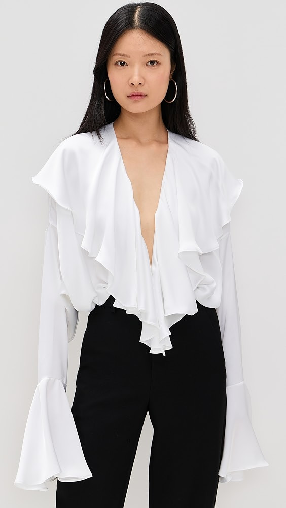 Norma Kamali Long Sleeve Deep V Ruffle Bodysuit | Shopbop | Shopbop