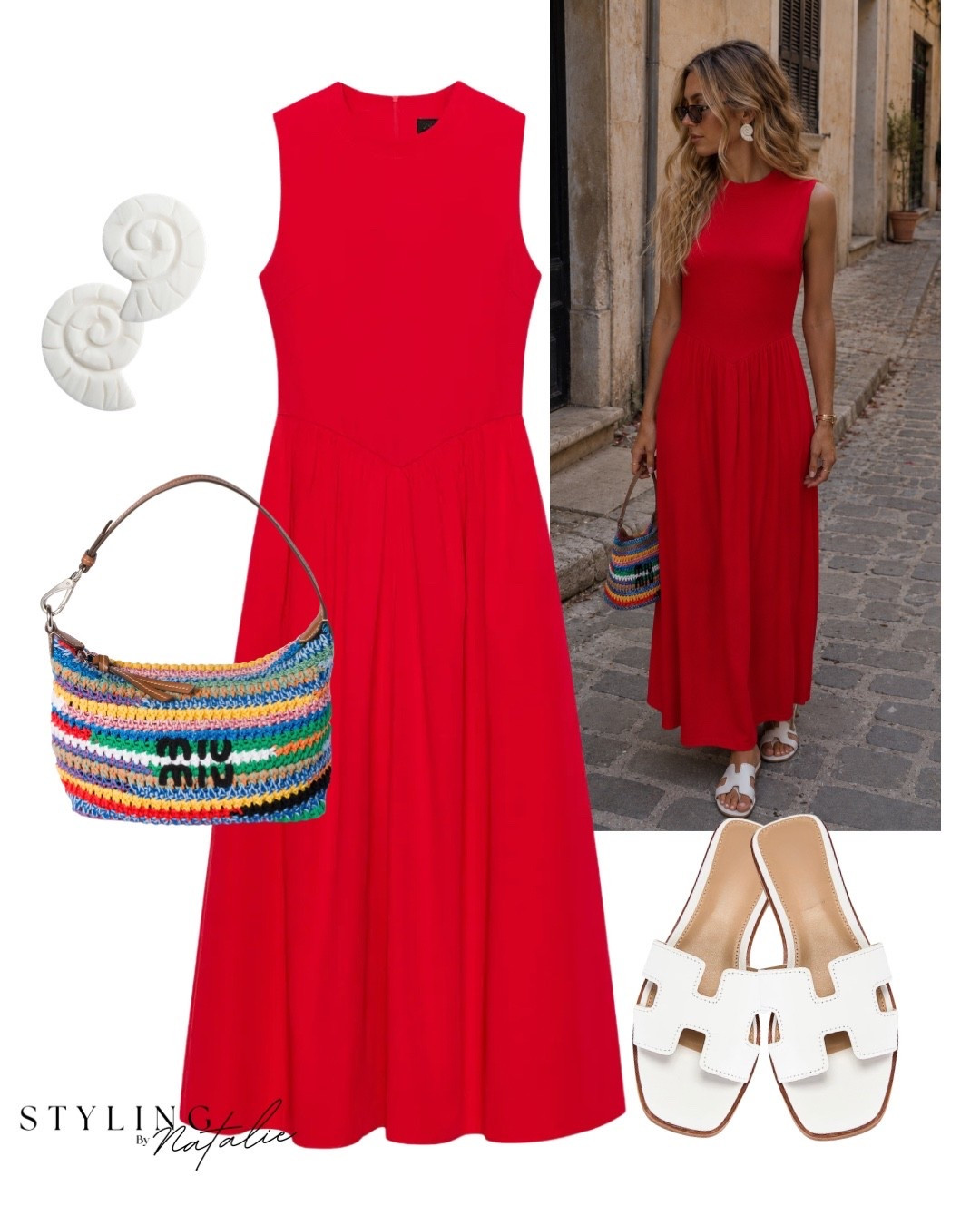 Red maxi dress, stripe crochet Miu Miu pouch, white slide sandals and white sea shell earrings.
🏷️ summer outfit, red summer dress, holiday dress, day dress, Zara @Zara

#LTKsummer #LTKeurope #LTKdresses