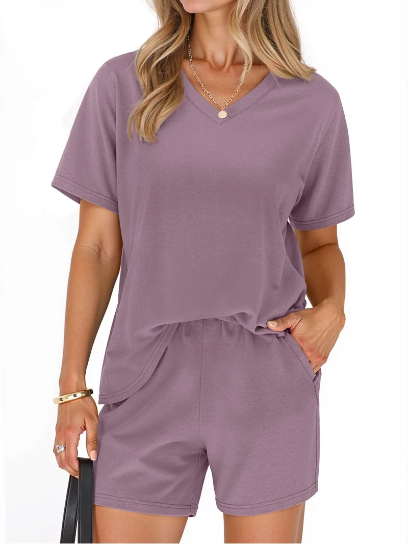 MOSHU 2 Piece Sets for Women Summer Lounge Short Sets Casual Oversized V Neck Shirts And Shorts M... | Walmart (US)