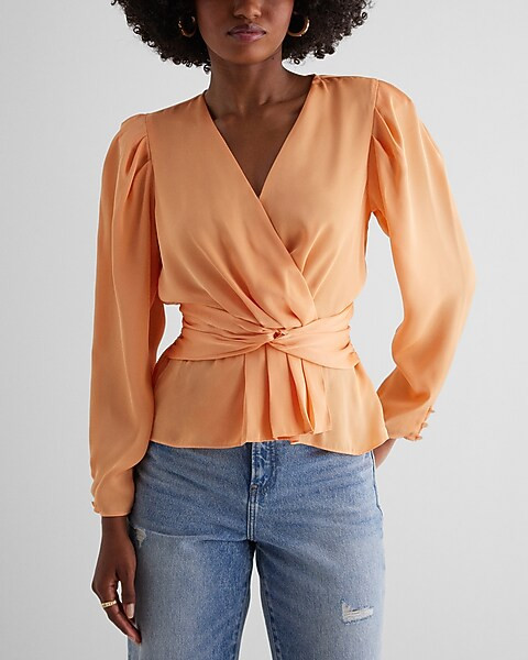 Satin V-Neck Twist Front Peplum Top | Express