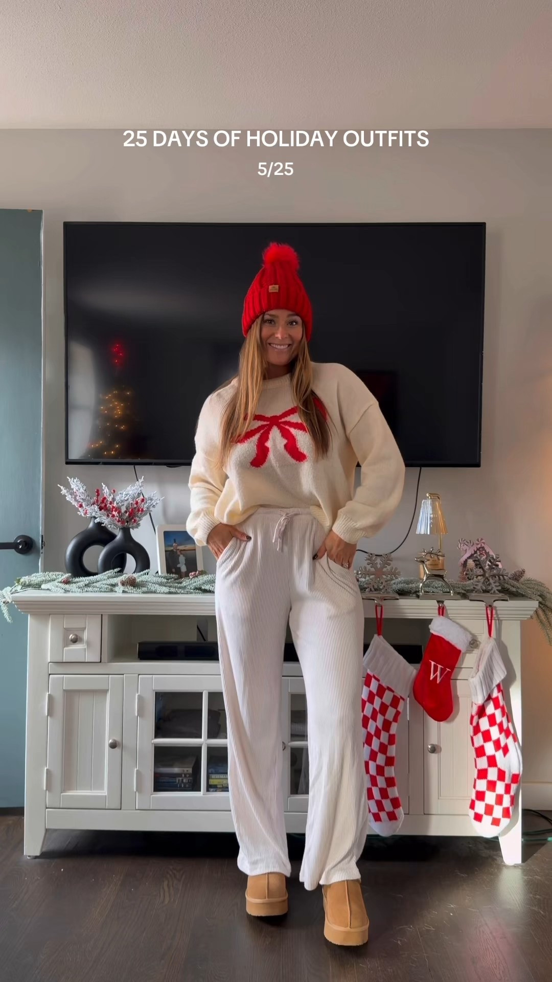 comfy holiday outfit! bow sweater can be dressed up to dressed down. pants are soo soft and so comfy’ wearing my true to size in everything 

#LTKootd #LTKFindsUnder100 #LTKHoliday