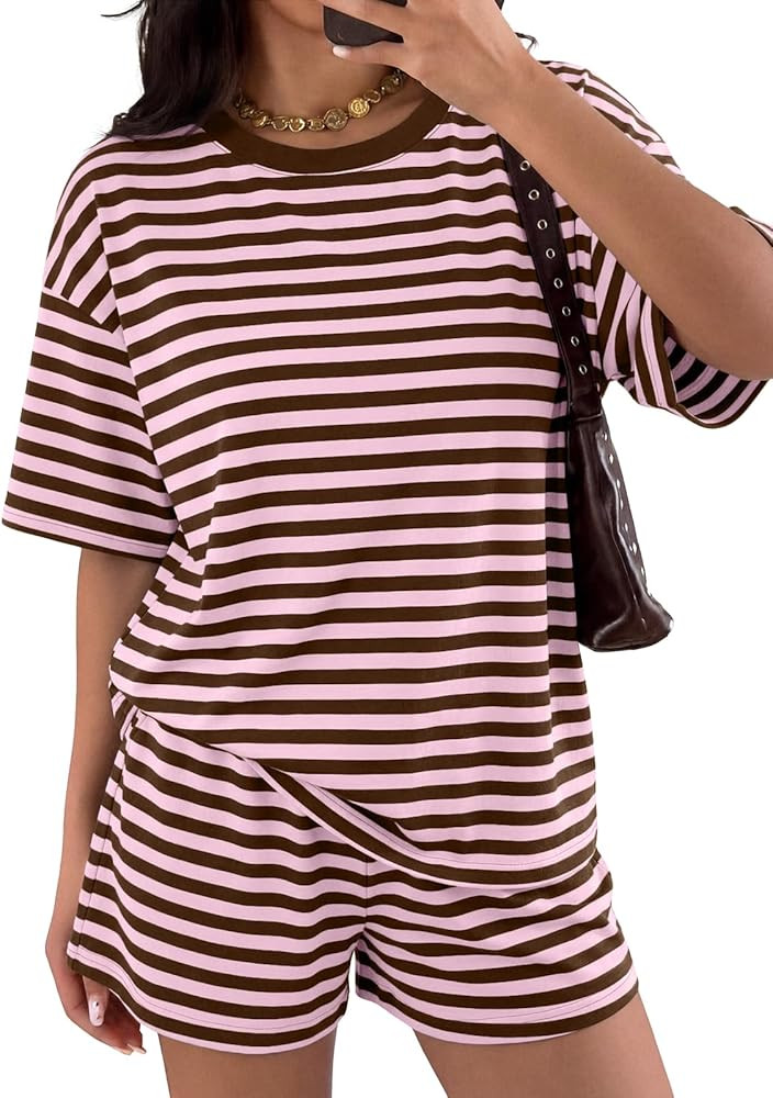 Amazon.com: LILLUSORY 2 Piece Striped Set for Women Two Piece Lounge Sets Summer Outfits 2026 Ove... | Amazon (US)