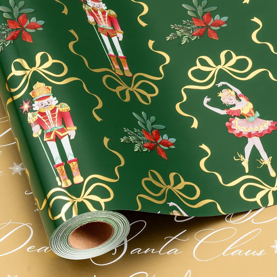 MAYPLUSS Christmas Nutcracker Wrapping Paper - 17 Inch X 33 Feet - Green Metallic Gift Wrapping P... | Amazon (US)