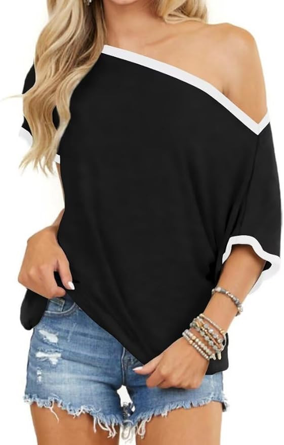 Off The Shoulder Tops for Women Summer Sexy Short Sleeve Color Block T-Shirts Casual Oversized Ba... | Amazon (US)