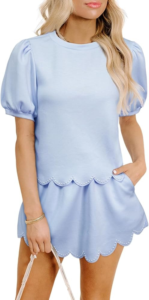 wihnsinop Beau Blue Puff Sleeve Pearl Embellished Scallop Trim Top 2 Piece Skort Set 2026 Summer ... | Amazon (US)