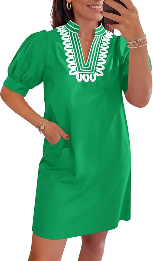 Wenrine Womens Summer V Neck Shift Dresses Puff Short Sleeve Casual Dressy Embroidered Boho Short... | Amazon (US)