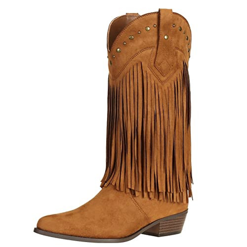 SheSole Women's Fringe Western Cowboy Boots Wide Calf Cowgirl Brown US 8 | Amazon (US)