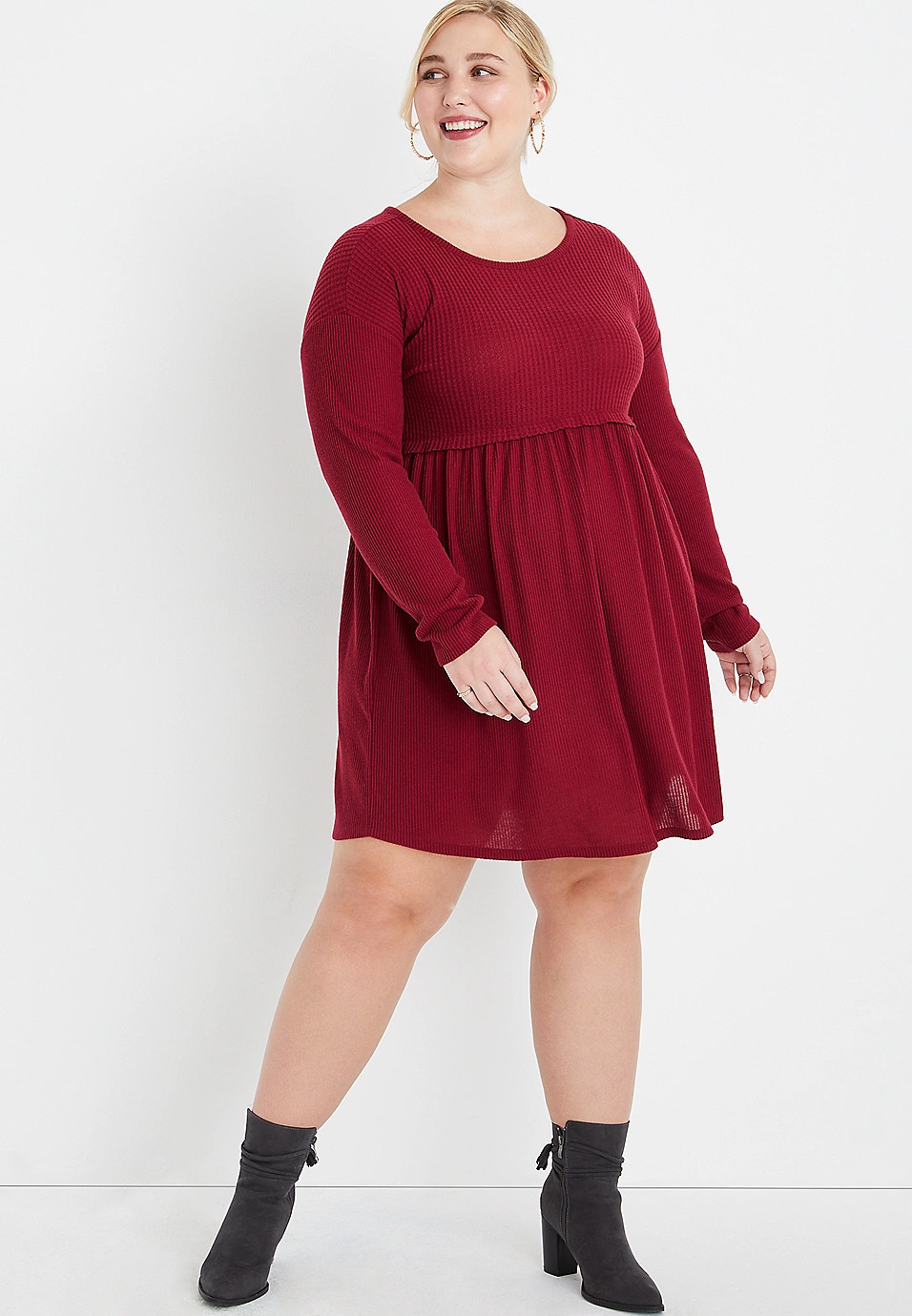 Plus Size Red Lattice Back Waffle Knit Babydoll Dress | Maurices