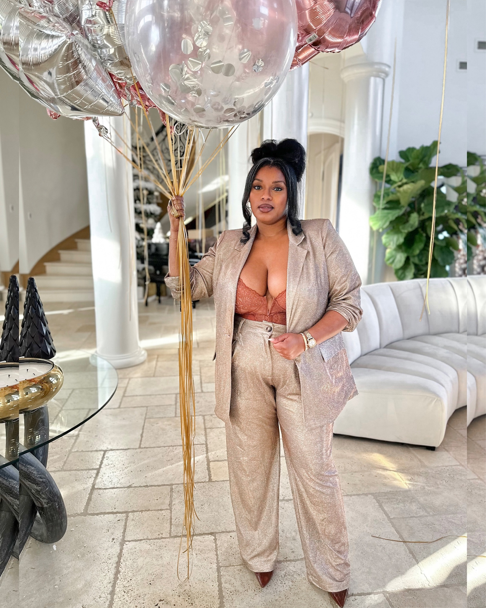 Oversized glitter suit + lace body suit. The perfect bday or NYE look! 

The bodysuit is super supportive and super comfy. Size up if you have a larger bust. 

#LTKHoliday #LTKmidsize #LTKplussize