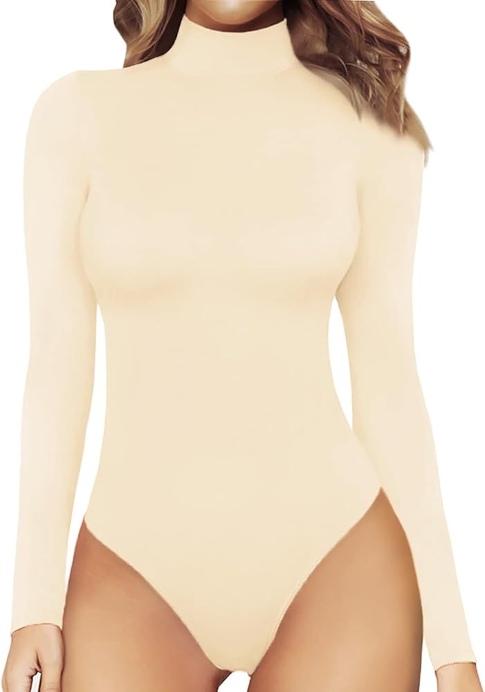 MANGOPOP Women's Mock Turtle Neck Long Short Sleeve Tops Bodysuit Jumpsuit | Amazon (US)