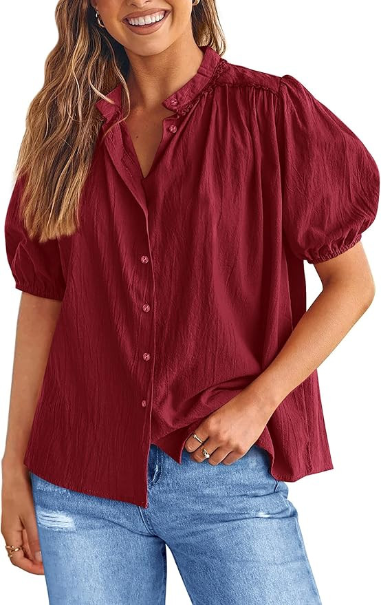 PRETTYGARDEN Women's Summer Button Down Shirts Short Lantern Sleeve V Neck Cotton Cute Dressy Cas... | Amazon (US)
