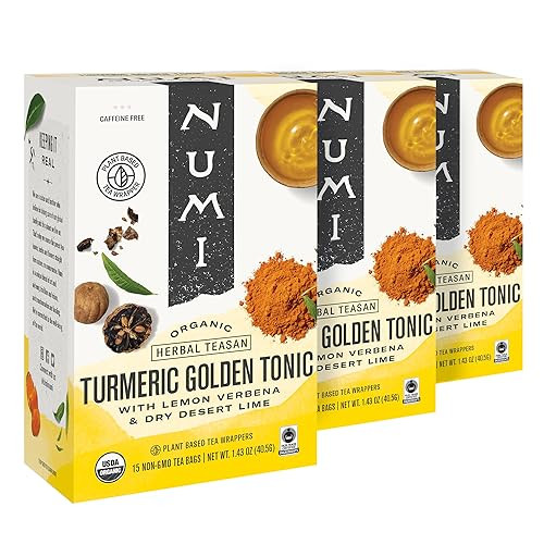Numi Organic Golden Tonic Turmeric Tea, 15 Tea Bags (Pack of 3) With Lemon Verbena & Lime, Caffeine Free, Packaging May Vary | Amazon (US)