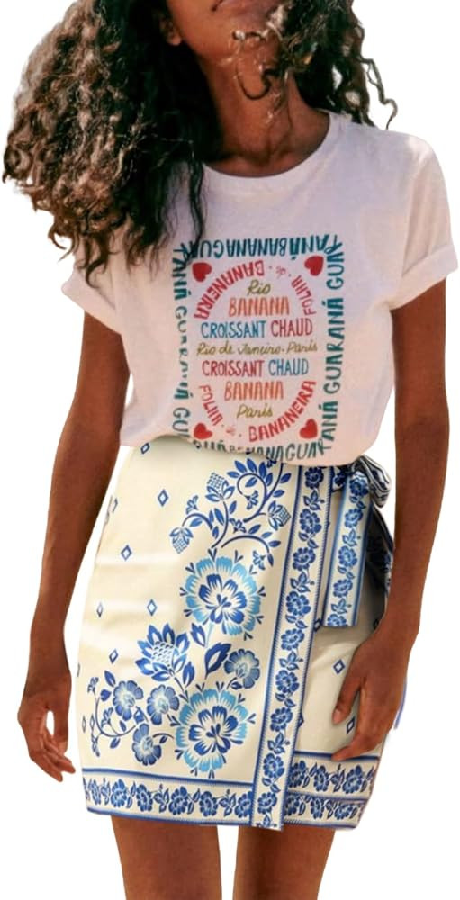 Womens Summer Floral Wrap Short Skirt Tie Side High Waist A Line Beach Vacation Boho Mini Skirt | Amazon (US)