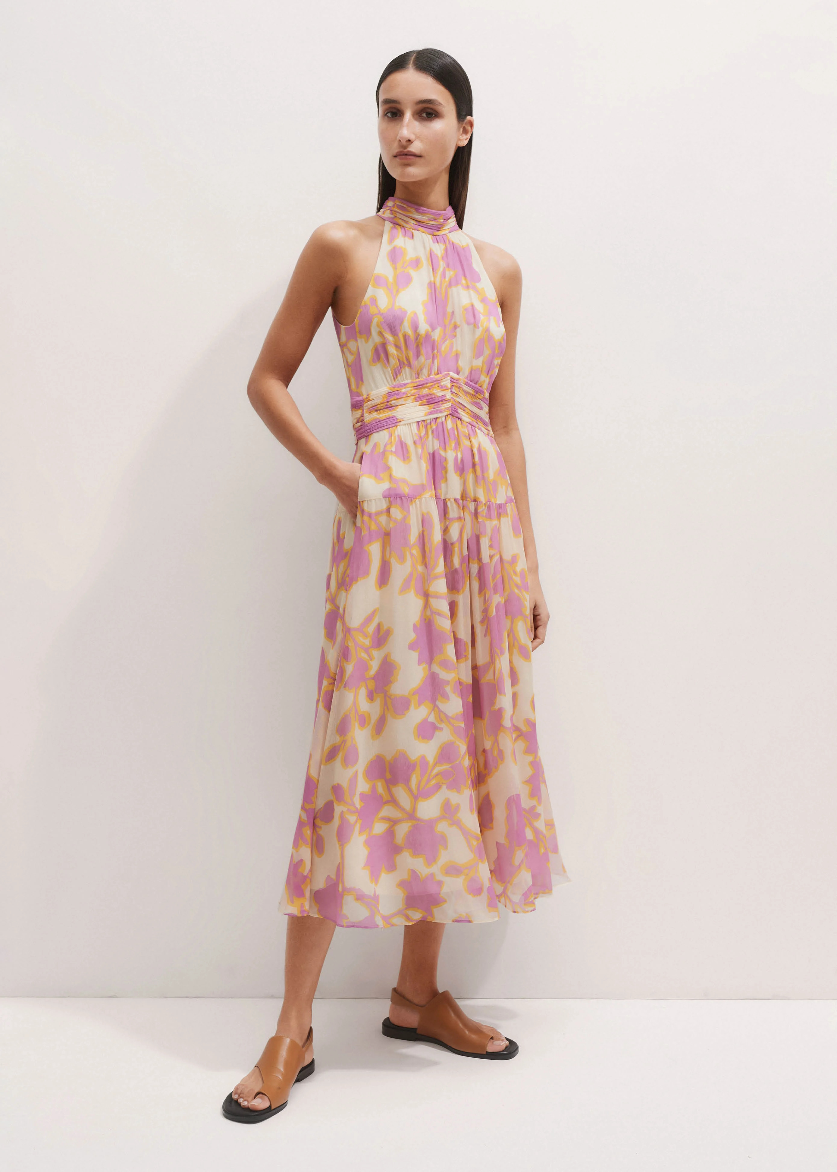 Women's Cream Shadow Paradise Print Halterneck Midi Dress | ME+EM | ME+EM Global (Excluding US)