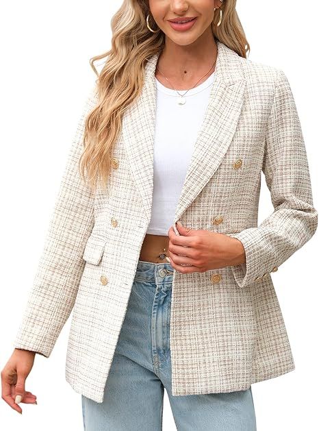 Tankaneo Womens Elegant Tweed Blazer Slim Fit Double Button Lapel Blazers Open Front Suit Work Of... | Amazon (US)