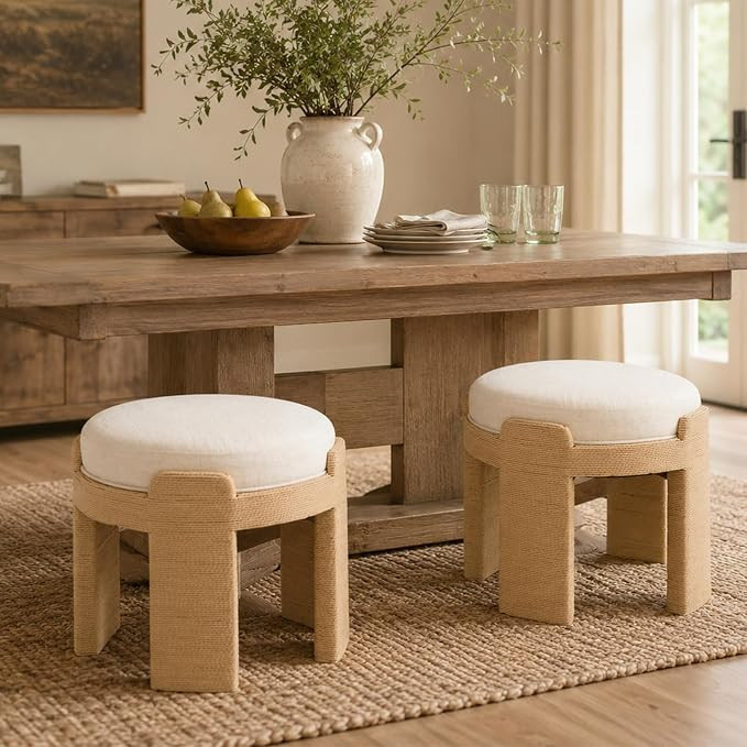 Round Stool Ottoman Set of 2, Boho Hand-Woven Rope Upholstered Accent Ktichen Chairs Vanity Stool... | Amazon (US)