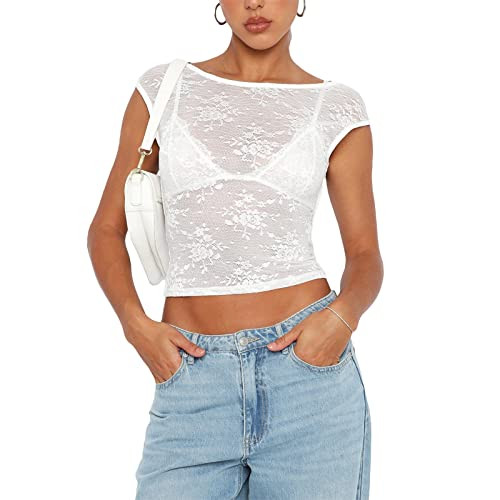 Women Floral Lace Backless Top Y2K Crop Top Sheer See Through Short Sleeve Open Back T Shirts Sexy Going Out Tops (White, M) | Amazon (US)