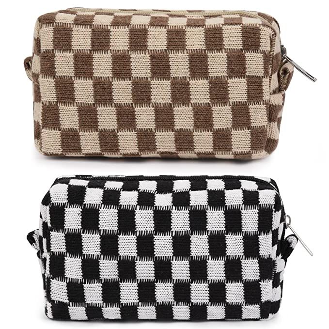 SOIDRAM 2 Pieces Checkered Cosmetic Travel Bags - Cute Makeup Pouch Organizers With Brush Storage... | Amazon (US)