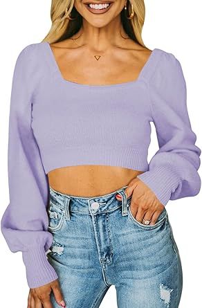 LaSuiveur Women Long Sleeve Cropped Sweater Tops Square Neck Solid Knit Pullovers | Amazon (US)