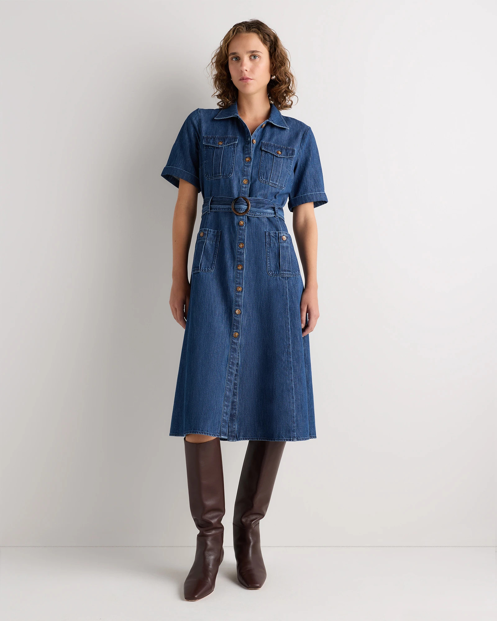 Quince | Women's Organic Denim Button Front Midi Dress in Classic Indigo Blue, Size Medium, Cotton | Quince