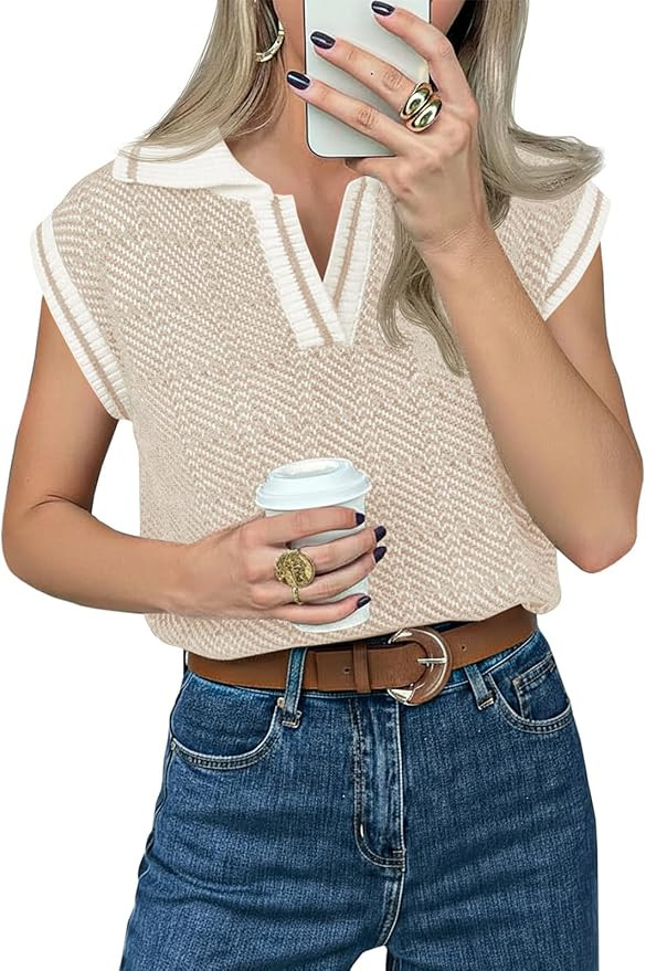 Saodimallsu Womens Short Sleeve Sweater Tops V Neck Polo Shirts Summer Casual Loose Knit Color Bl... | Amazon (US)