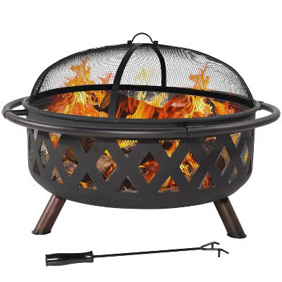 Sunnydaze Outdoor Camping or Backyard Round Crossweave Cut Out Fire Pit with Spark Screen, Log Poker, and Cover - 36" | Target