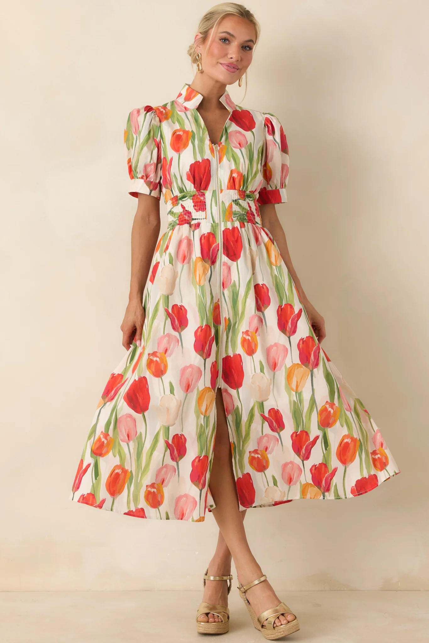Talking Among the Tulips Ivory & Red Multi Floral Cotton Midi Dress | Red Dress