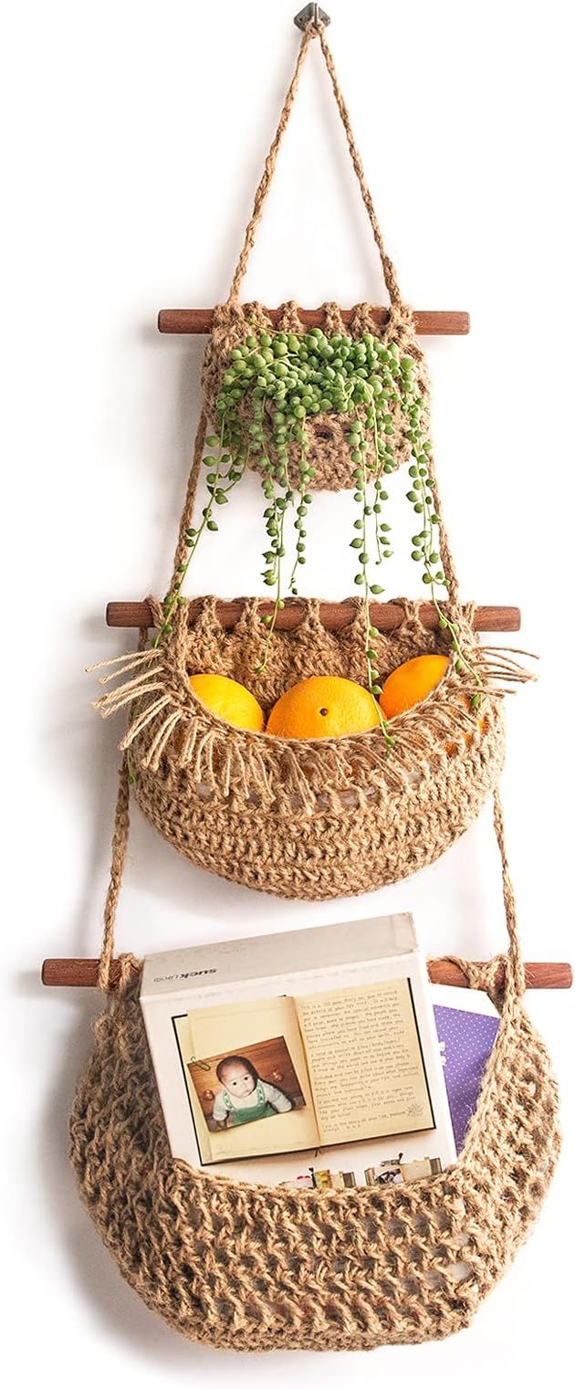 Hanging Fruit Basket ,3 Tier Over the Door Organizer, Handmade Woven Jute Wall Hanging Baskets fo... | Amazon (US)