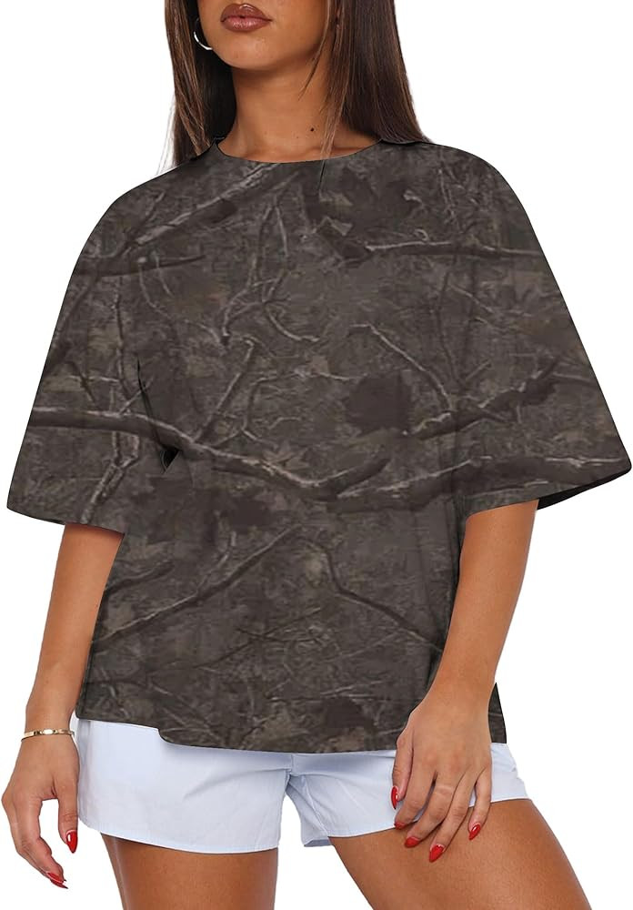 Womens Camo Shirt Maple Leaf Print Summer Tops Short Sleeve Oversized Crewneck T Shirts Loos Fit ... | Amazon (US)