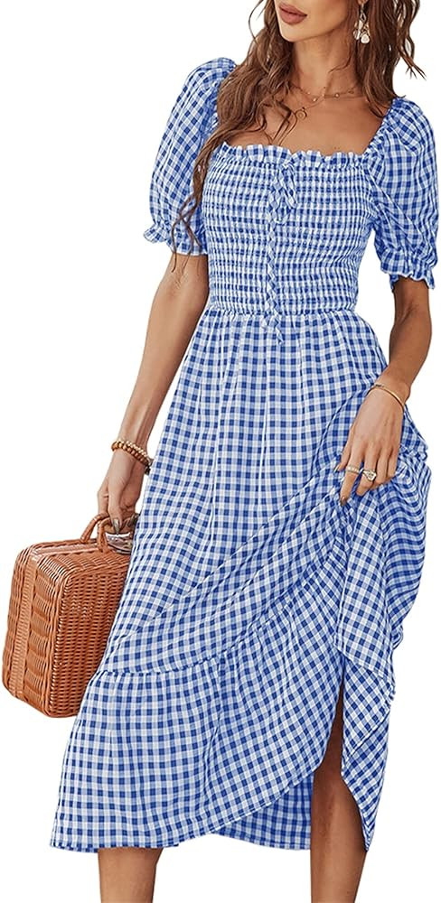 Beaufident Women's Boho Tie Back Dress Plaid Elastic Square Neck Backless Beach Flowy Ruffle Midi Lo | Amazon (US)