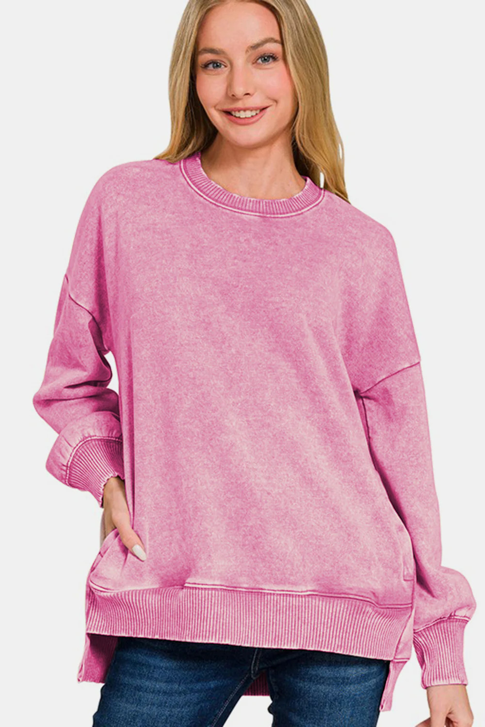 High-Low Acid Wash Fleece Sweatshirt Dusty Pink / S | Casual Chic Boutique