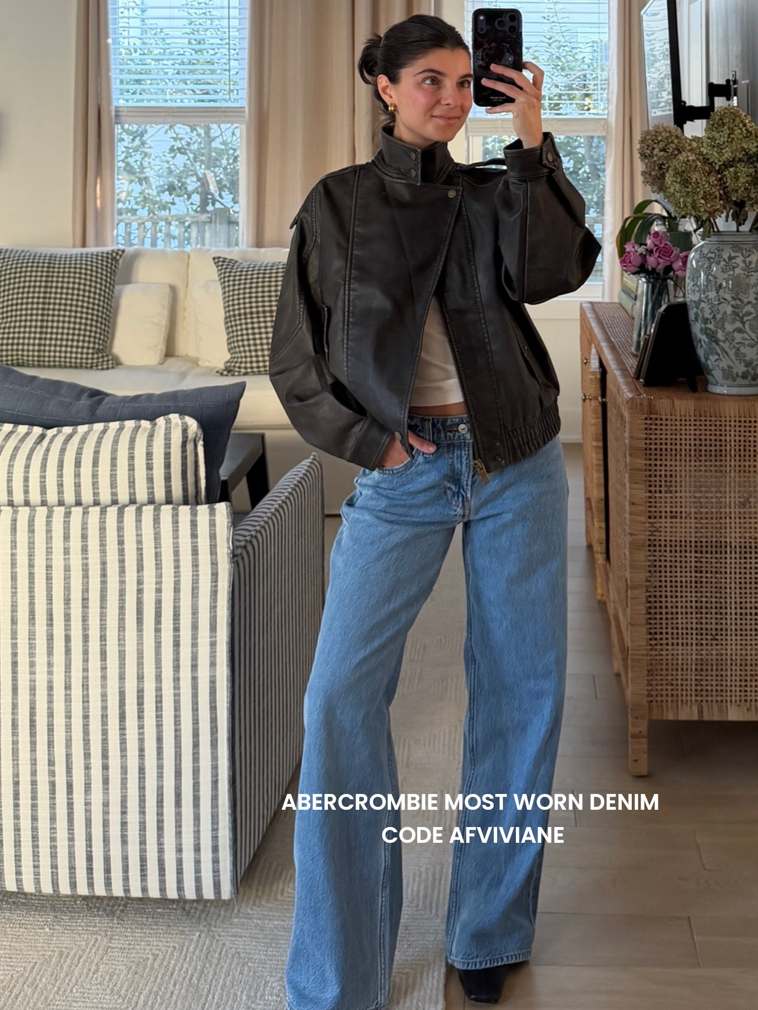 [8/5/26] my @abercrombie code is live! 25-50% Off All Jeans + 20% Off Almost Everything Else + AFVIVIANE for a stackable 15% off | my most worn denim through pregnancy is on sale for $58 and this jacket is restocked from February in light brown and also on sale! Also linked another vegan leather option that’s available in brown, navy and black

[Denim Promo: *Offer valid online only August 5, 2026 to August 10, 2026 in US/CA. Excludes clearance. Online price reflects discount. Extra 20% Off: *Offer valid in stores and online August 5, 2026 to August 10, 2026 in US/CA. Exclusions apply as indicated. Online price reflects discount. Promo Code: *Use code AFVIVIANE to get an additional 15% off almost everything in stores and online at checkout from August 5, 2026 to August 10, 2026 in US/CA. Exclusions apply. See details online.]
