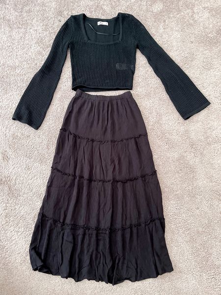Long sleeve crochet sweater, black tiered maxi skirt 

#LTKFind #LTKstyletip #LTKU