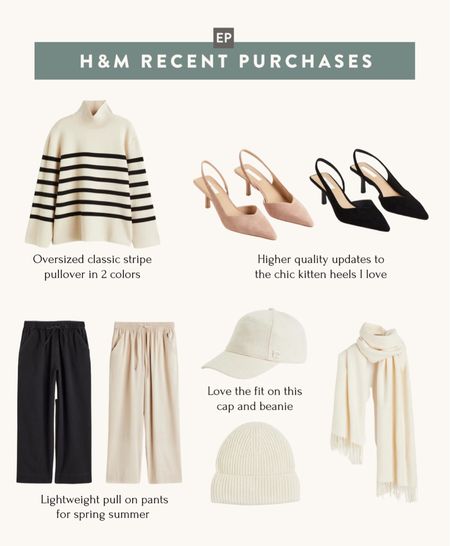 What I ordered from H&M. Also see my recent LTK post today for the red dresses I got from there for lunar new year!

•Striped sweater - slightly oversized fit with semi bell shape sleeves. I got Xs and fold sleeves up once and fold the turtleneck inward to make it lower.
•Slingback kitten heel pumps. I have the old faux suede versions of these and LOVE them and have been hoping for a higher quality version! These are nice. With H&M shoes I usually order a U.S. 4 and they fit like a small 5.
•Lightweight drapey pull on pants. I also have an older version of these that I love and these also fit great. But I do not love the black color - it’s a faded aged black look. Size 0 fit and hits ankle length on me and is very light and fluid. They usually sell quickly so I didn’t want to wait til warmer weather to order.
•Cream baseball cap & beanie. Both fit great for me! The baseball cap in Xs/s is a cooler weather texture and is small head friendly 
•Cream scarf. In the thinner side 

#petite #winterstyle

#LTKunder50 #LTKFind #LTKSeasonal