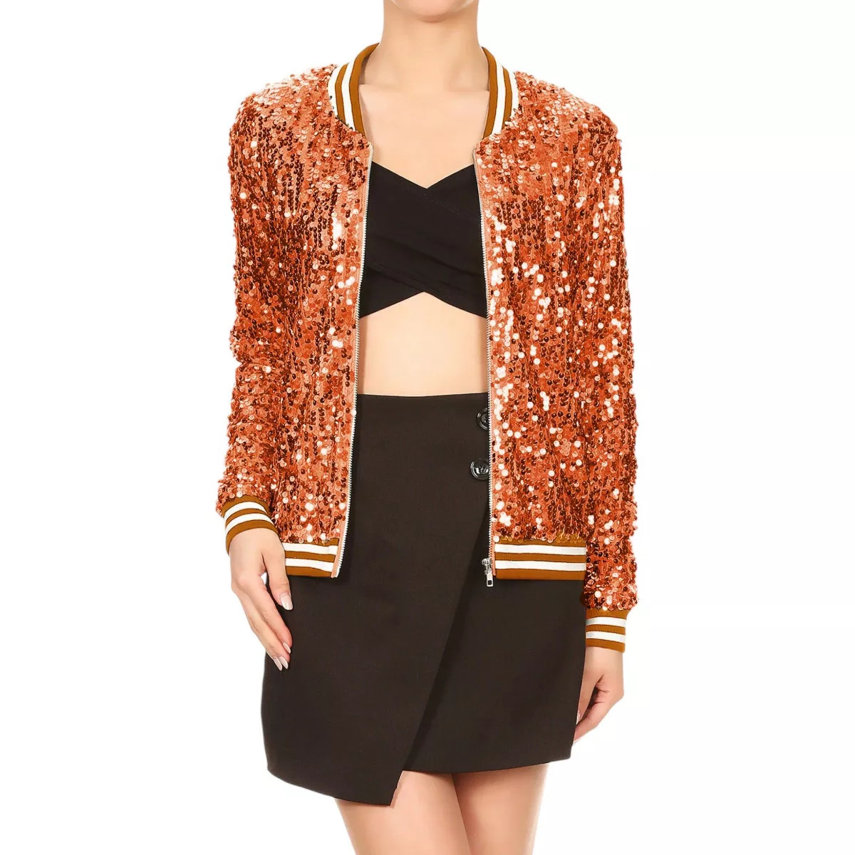 Anna-Kaci Sequin Bright Color Bomber Zip-Up Solid Jacket | Target