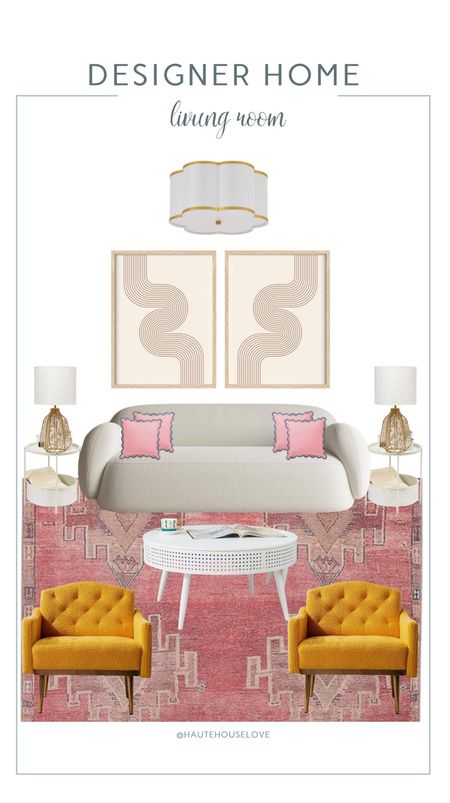 Designer home living room! 

Light fixture, lighting, coffee table, end table, lamp, pillows, rug, artwork, wall art, chair 

#LTKStyleTip #LTKHome