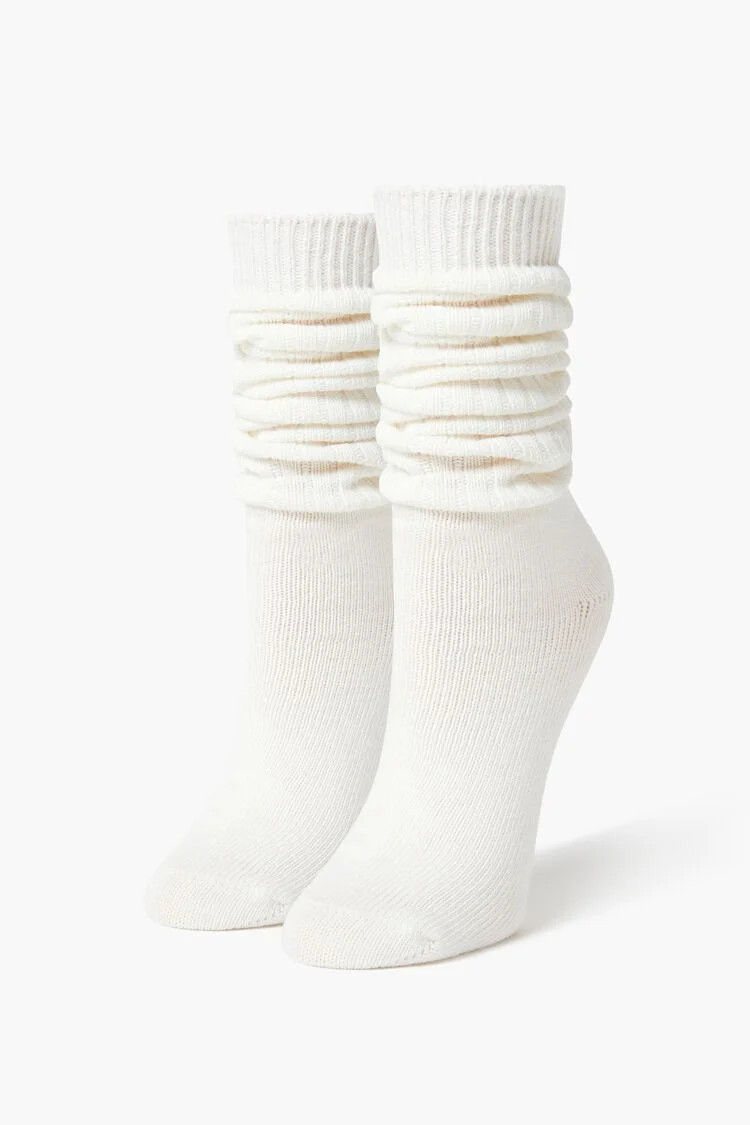 Ribbed Knit Knee-High Socks in White | Forever 21