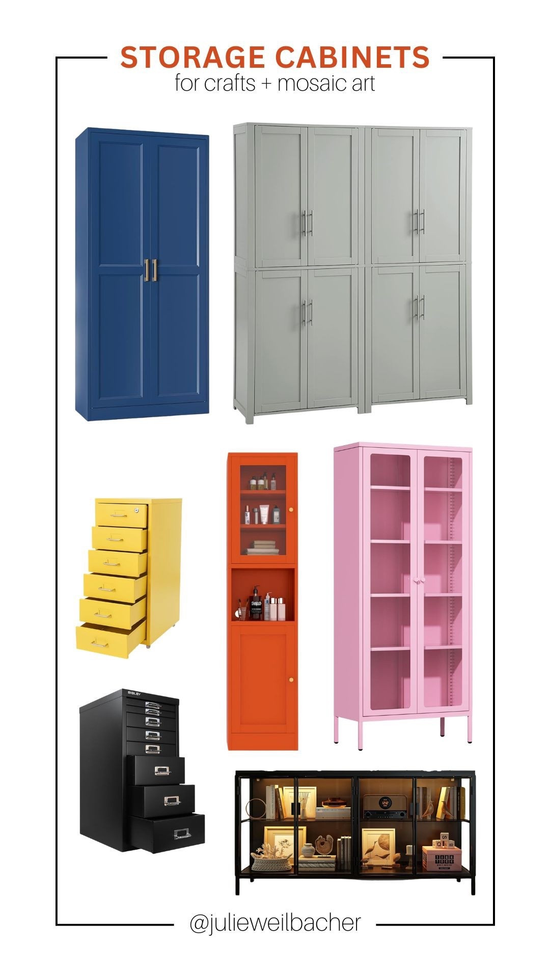 Storage, but make it inspiring. 🎨✨

This collection of storage cabinets for crafts and mosaic art proves that organization doesn’t have to be boring. From tall and narrow cabinets to shorter, wider options, these pieces come in bold, beautiful colors that actually complement a creative space instead of hiding in the corner.

Some cabinets feature solid doors for a clean, streamlined look. Others have glass doors or open shelving so you can see your supplies at a glance and grab what you need quickly. There are also drawer options that are perfect for smaller tools, materials, and everyday essentials.

I personally use two of the smaller black cabinets under my work table in my mosaic studio to store my most-used tools, rulers, calculator, pens, markers, notepads, extra storage bags for tiles, project trays, office supplies, dust masks, and safety glasses. Keeping everything within reach makes the creative process smoother (and way less chaotic).

Whether you’re organizing a home studio, craft room, office, or creative corner, these cabinets combine function and personality in the best way.

For mosaic tips, tutorials, inspiration, and so much more please visit my YouTube channel: YouTube.com/julieweilbacher, and follow @julieweilbacher on Instagram.

#craftroomorganization #homestudio #homeofficeinspo #storageideas #cabinetstorage #colorfulhome #creativeworkspace #organizationideas #smallspacestorage #studioorganization #craftroomdecor #homeorganization

#LTKHome