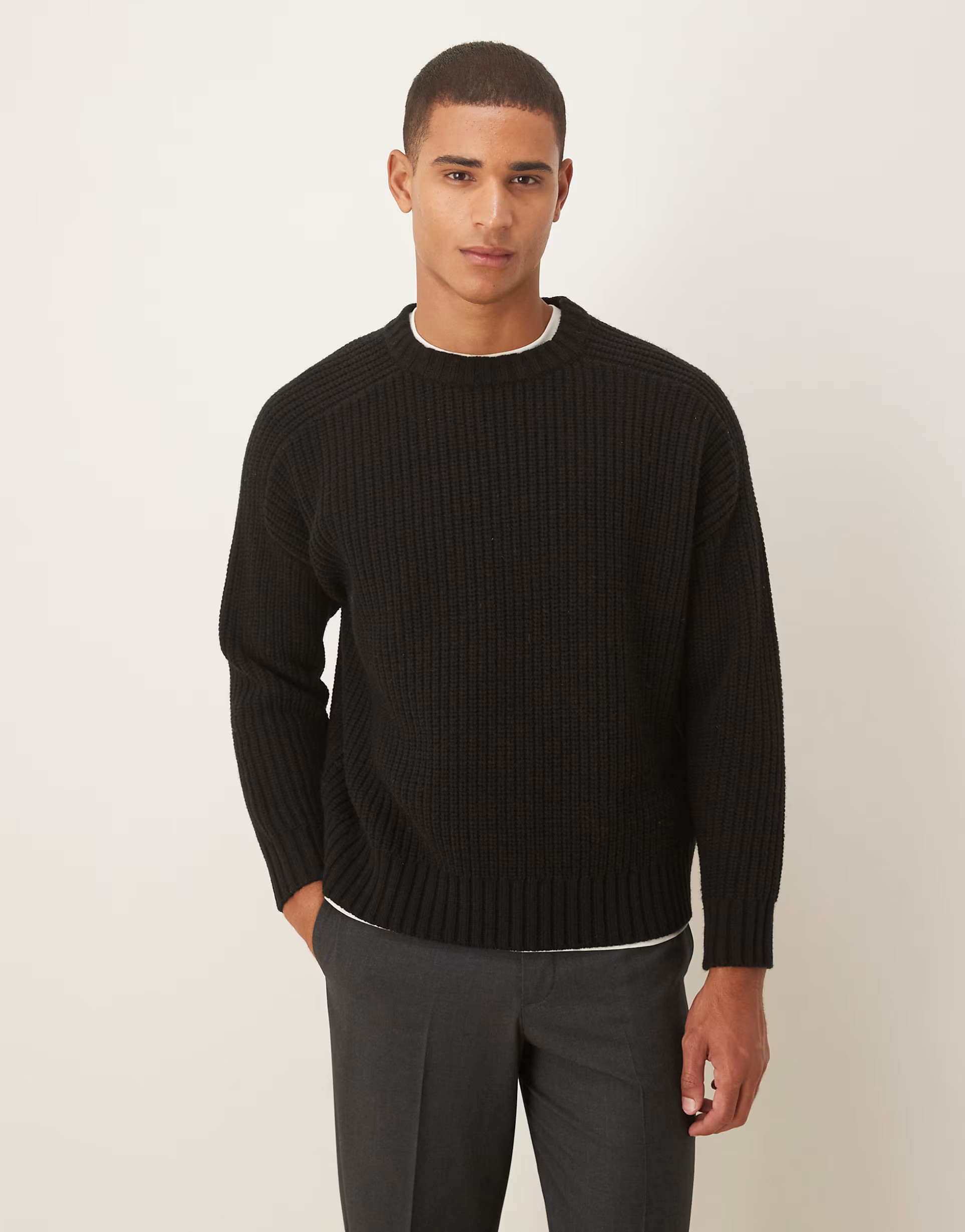 ASOS DESIGN oversized heavyweight knitted wool blend rib jumper in black | ASOS (Global)