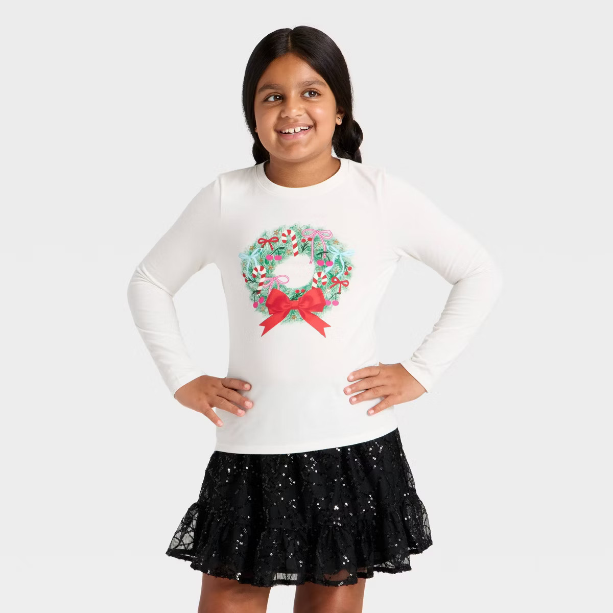 Girls' Long Sleeve Christmas 'Wreath' Graphic T-Shirt- Cat & Jack™ Cream | Target