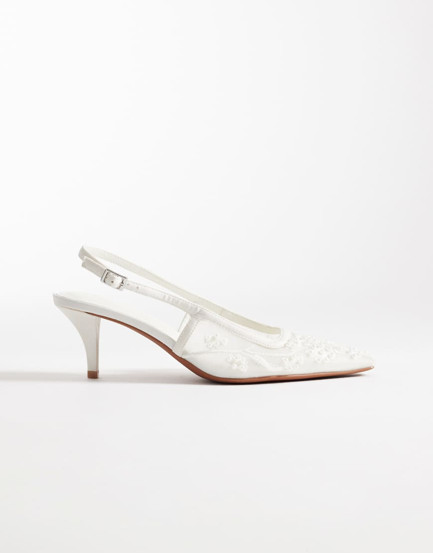 ASOS DESIGN Soulmate beaded slingback toe kitten heels in ivory mesh-White | ASOS (Global)