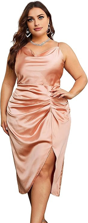 KIMCURVY Women's Plus Size Maxi Satin Spaghetti Strap Cowl Neck Party Cami Ruched Dress for Wedin... | Amazon (US)