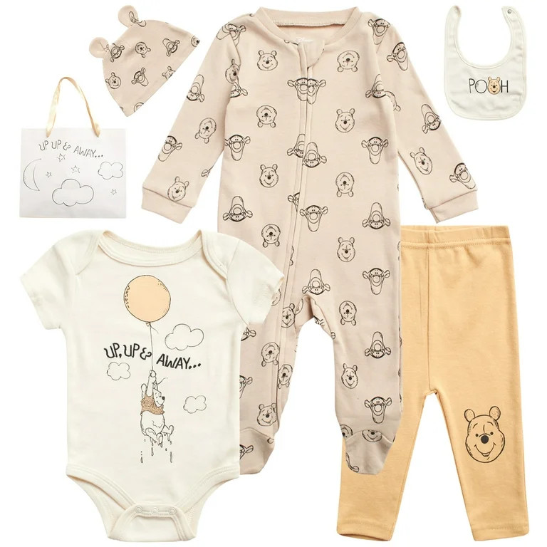 Disney Newborn Baby Layette Set - 6 Piece Disney Bodysuit Coveralls Sweatpants, Hat, Gift Bag (0-... | Walmart (US)