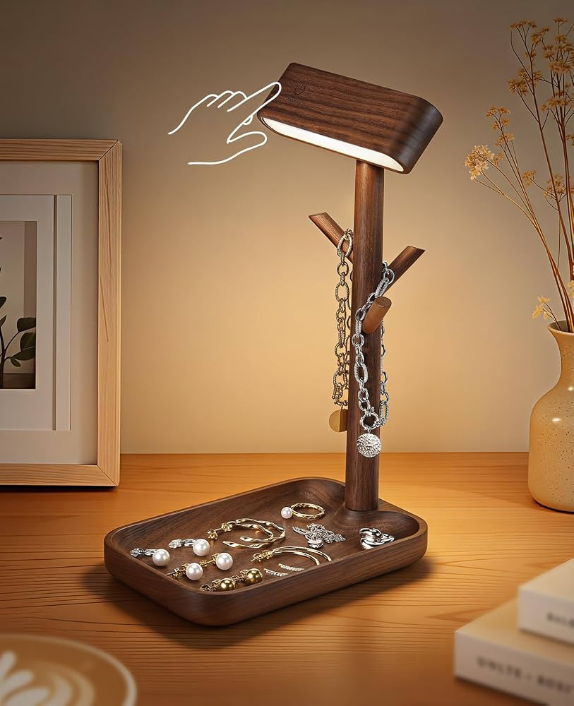Wooden Table Lamp, Tree Trunk Rechargeable LED Bedside Lamp with Jewelry Tray, 360\u00b0 Rotating... | Amazon (US)
