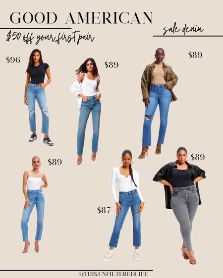 Good American jeans sale under $100 - straight leg jeans- skinny jeans - flare jeans - mom jeans - boyfriend jeans 

#LTKstyletip #LTKcurves #LTKsalealert