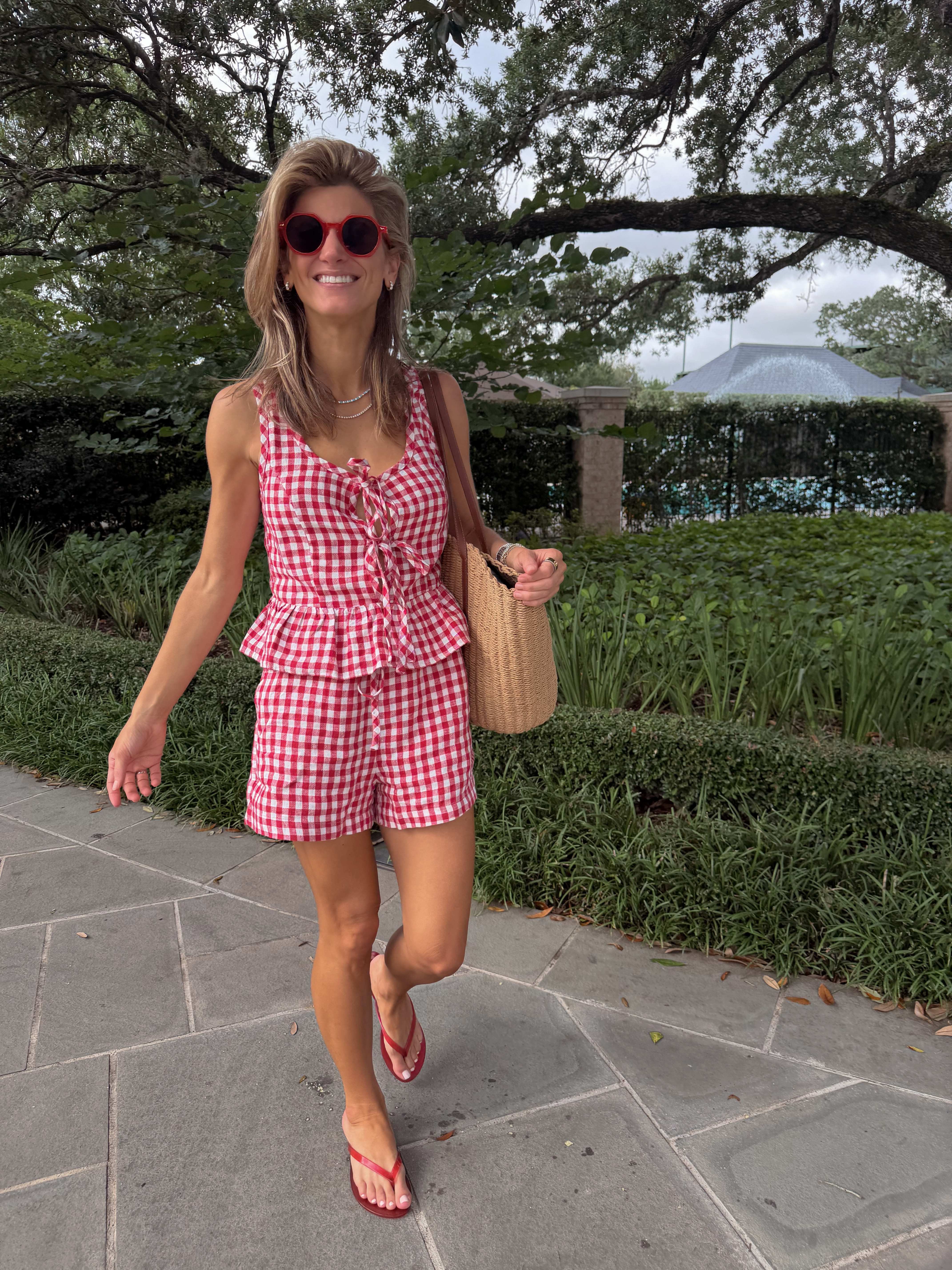Rails Red Check set (wearing XS in top and bottom). Madewell red jelly sandals and Sardine hexagon sunglasses 

 