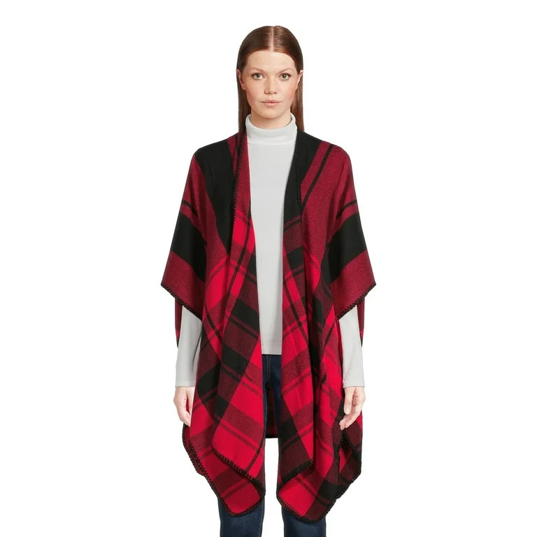 Time and Tru Women's Buffalo Plaid Ruana Wrap with Whipstitching | Walmart (US)